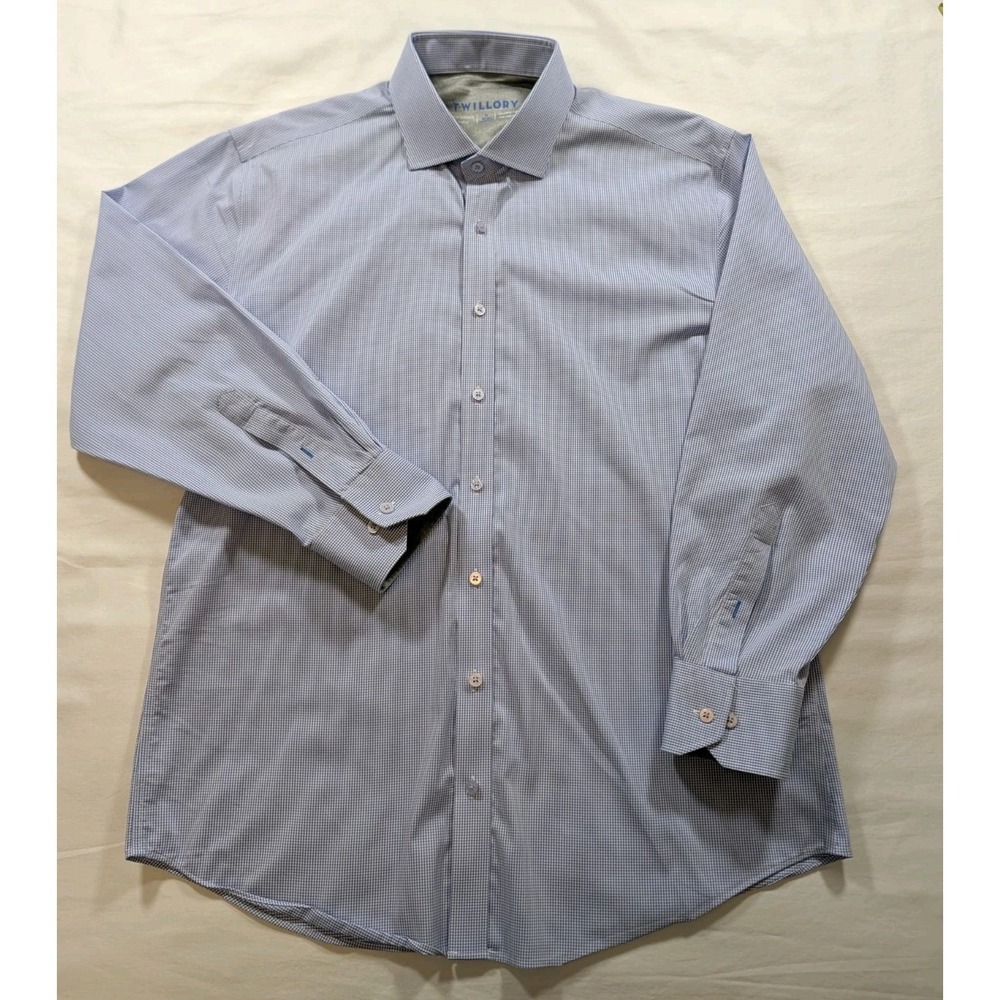 Twillory Performance Shirt Mens 17 32-33 Blue Micro Check Tailored The Hustle